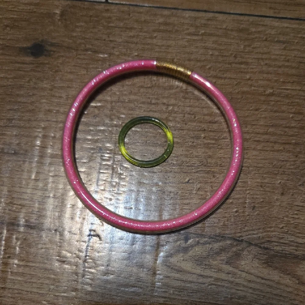 Pink Jelly Bangle Bracelet with Gold Accent and Green Jelly Ring